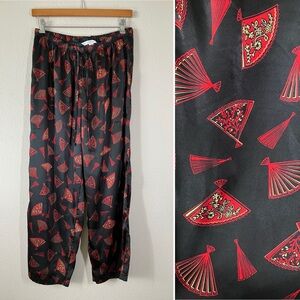 CACIQUE Black Satin Lounge Pants Pull-On PJs Asian-Inspired Print Red Gold 18 20
